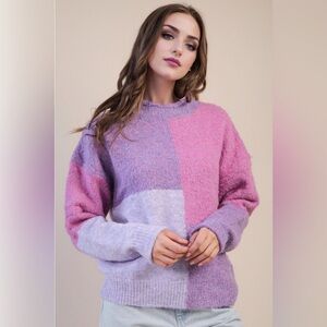Very J Pink and Purple Oversized Color Block Cozy Knit Sweater Top